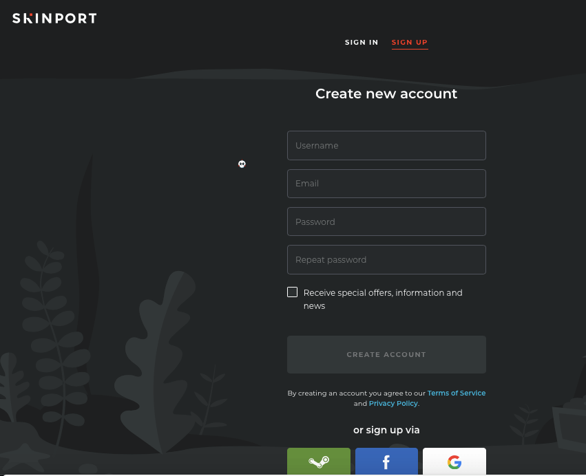 Create an account on Skinport
